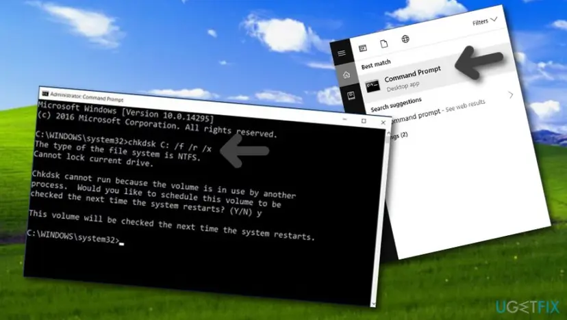 Start search with Command Prompt and an administrator Command Prompt window where the chkdsk command is typed