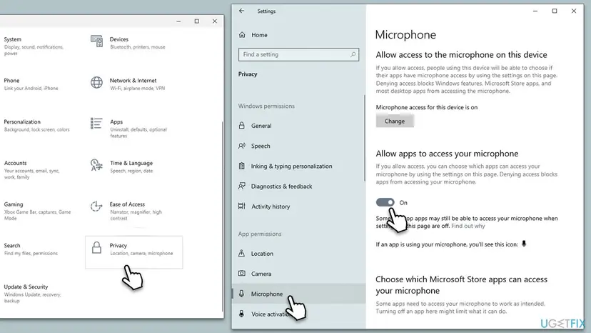 Windows 10 Settings opened on Privacy and then Microphone, with Allow apps to access your microphone switched On