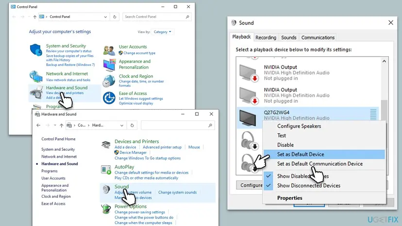 Control Panel Hardware and Sound leading to the Sound window, with a headset right-clicked and Set as Default Device and Set as Default Communication Device in the menu