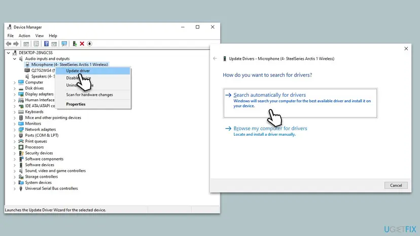 Device Manager with a headset microphone under Audio inputs and outputs right-clicked, Update driver chosen and Search automatically for drivers on the next screen