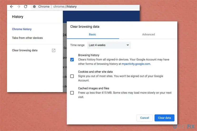 Chrome Clear browsing data window with the time range and the boxes for browsing history, cookies and cached images and files