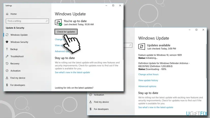 Windows 10 Settings on the Windows Update page with the Check for updates button and a list of updates available for download and install