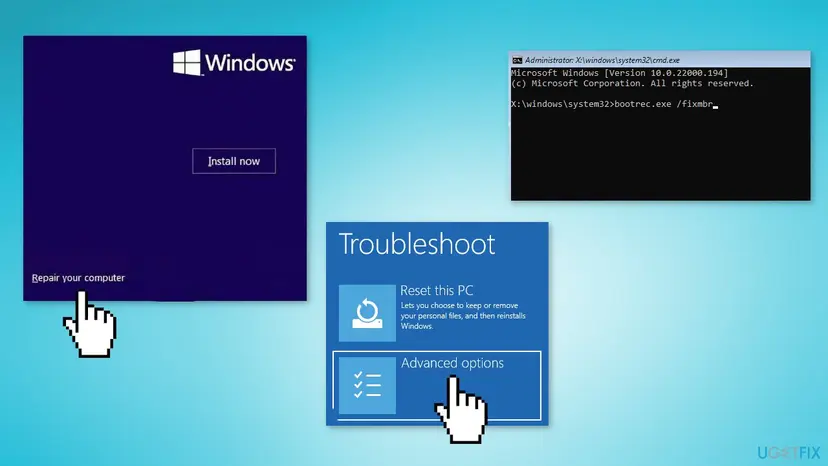 Windows setup repair option, Advanced options menu and Command Prompt running a bootrec command
