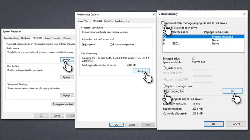 System Properties Advanced tab, Performance Options and the Virtual Memory window with No paging file selected for drive C: and the Set button