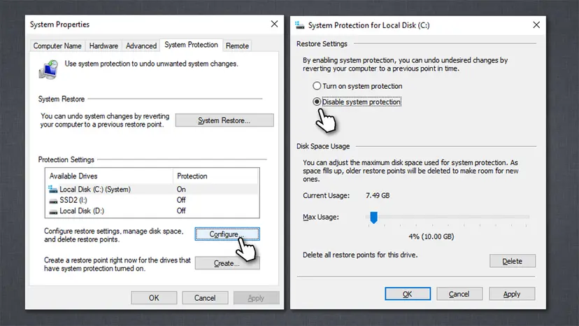 System Properties System Protection tab with Local Disk C: selected and the System Protection for Local Disk C: window with Disable system protection chosen
