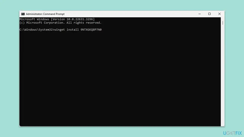 Administrator Command Prompt on Windows 11 with the command winget install 9NTXGKQ8P7N0 typed at the prompt