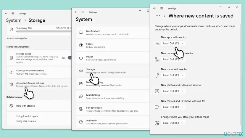 Windows 11 Settings, System, Storage, Advanced storage settings and Where new content is saved with New apps will save to set to Local Disk C