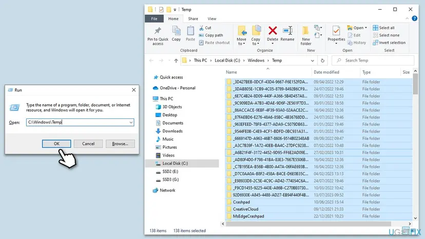 Windows Run box with C:\Windows\Temp entered next to an open File Explorer window with the temp files selected