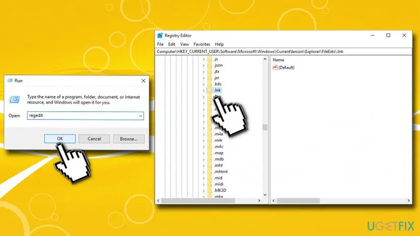 Run box with regedit typed and Registry Editor open at HKEY_CURRENT_USER Software Microsoft Windows CurrentVersion Explorer FileExts .lnk