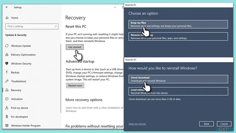 Windows 10 Recovery settings with Reset this PC, the Keep my files and Remove everything choices, and the Cloud download option