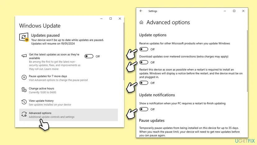 Windows 10 Windows Update page showing Updates paused, Your device won't be up to date while updates are paused, Updates will resume on 19/01/2024, next to Advanced options with the Pause updates section