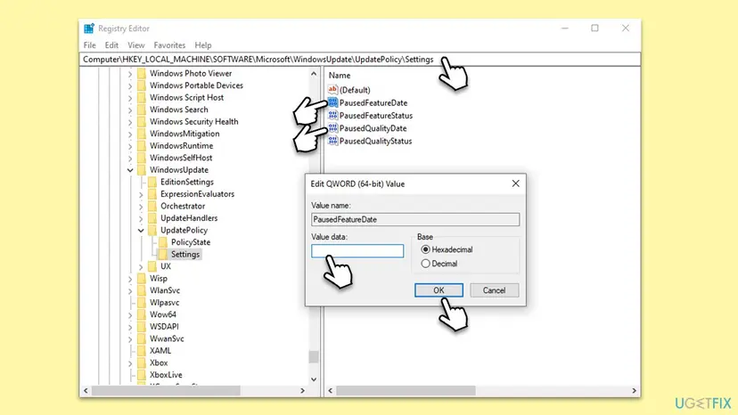 Registry Editor open at HKEY_LOCAL_MACHINE SOFTWARE Microsoft WindowsUpdate UpdatePolicy Settings with PausedFeatureDate selected and its Edit QWORD Value dialog showing an empty Value data field