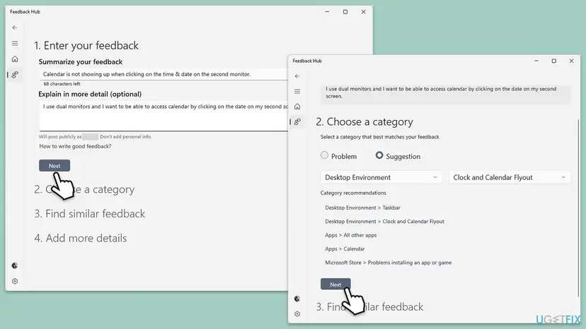 Feedback Hub in Windows 11 with a feedback summary about the calendar on the second monitor and the Desktop Environment, Clock and Calendar Flyout category