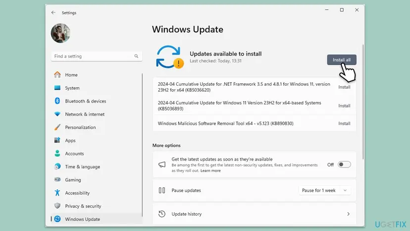 Windows 11 Settings, Windows Update page with Updates available to install, a cumulative update listed and the Install all button