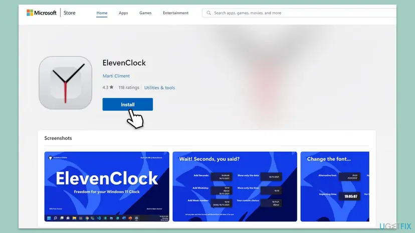 Microsoft Store page of ElevenClock, a free third-party clock app for the Windows 11 taskbar, with the Install button and screenshots