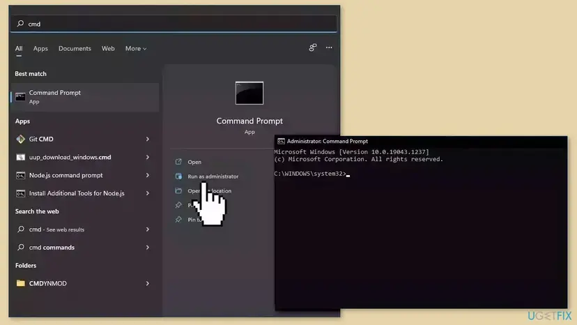 Windows search for cmd with Command Prompt as best match and Run as administrator selected, next to an empty administrator Command Prompt window