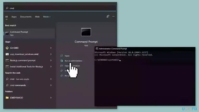 Windows search menu showing Command Prompt with the Run as administrator option selected