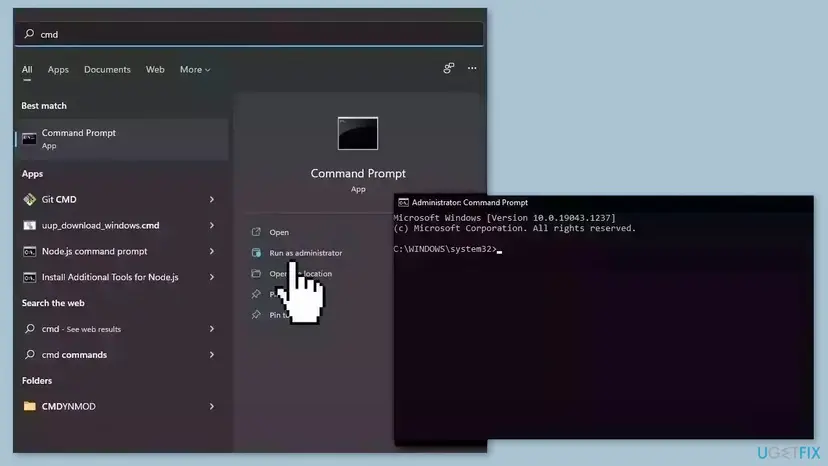 Windows search for cmd with Command Prompt and the Run as administrator option, next to an open Administrator Command Prompt window