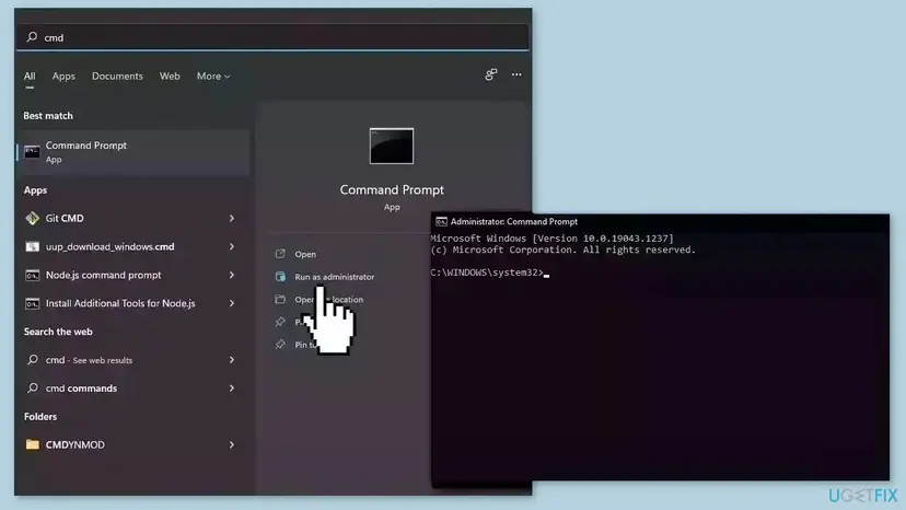 Windows search for cmd with Run as administrator selected next to Command Prompt, and an Administrator Command Prompt window opened