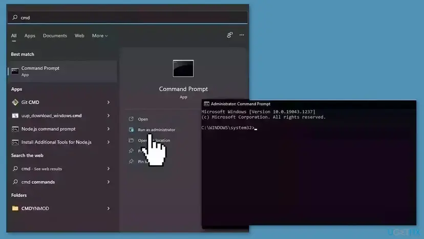 Windows search for cmd with Run as administrator selected and an Administrator Command Prompt window open, ready for sfc /scannow