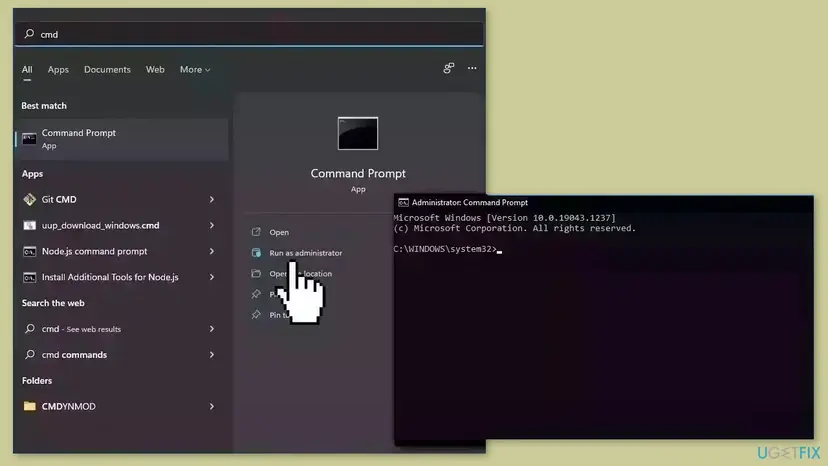 Windows search for cmd with Command Prompt selected and Run as administrator under the pointer, next to an Administrator Command Prompt window