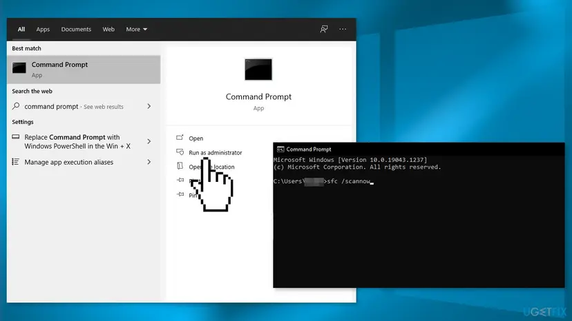 Windows 10 Start search with Command Prompt and Run as administrator, and a Command Prompt window with sfc /scannow typed in