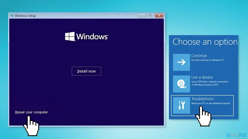 Windows Setup with Repair your computer and the Troubleshoot option highlighted