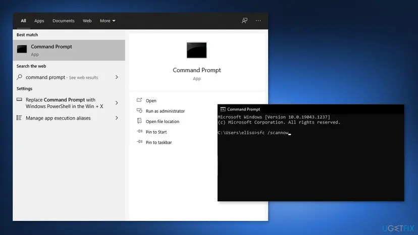 Windows search results with Command Prompt as the best match and the Run as administrator option, next to a Command Prompt window