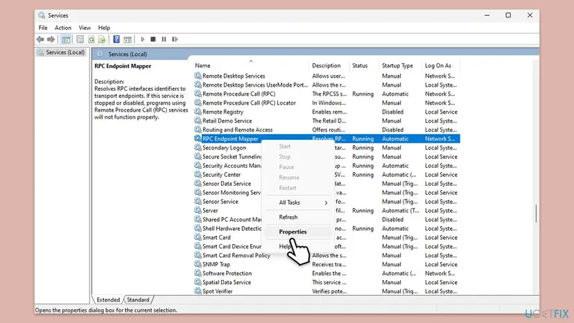 Services window on Windows 11 with RPC Endpoint Mapper selected, its right-click menu open on Properties, and Shell Hardware Detection running with startup type Automatic further down the list