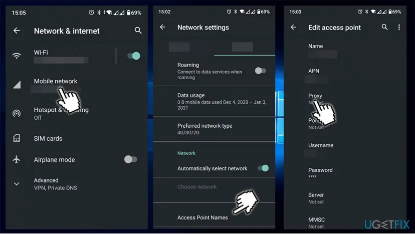 Three Android screens: Network and internet with Mobile network, Network settings with Access Point Names, and Edit access point with the Proxy field