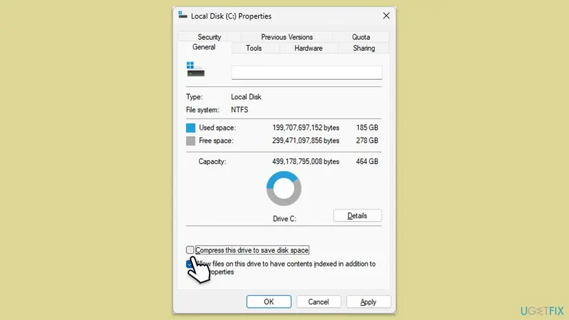 Local Disk Properties General tab showing NTFS file system, used and free space and the cleared Compress this drive to save disk space box