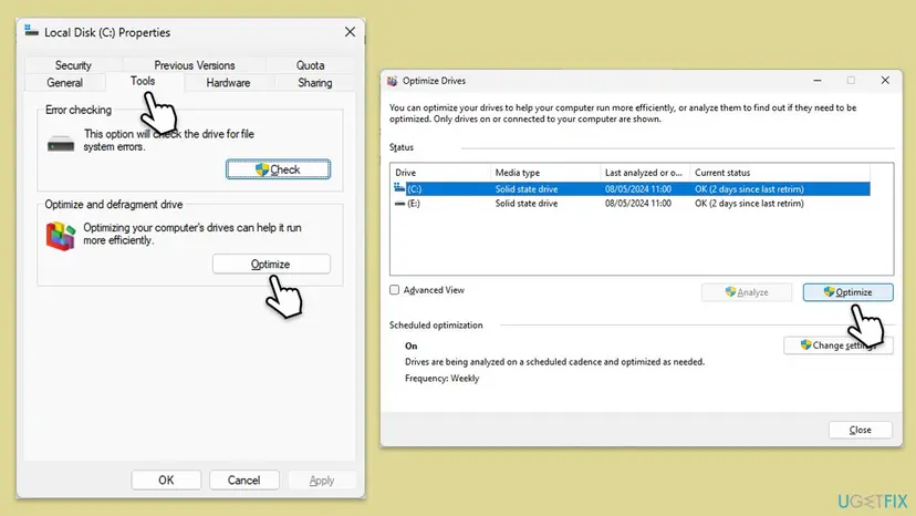 Local Disk Properties Tools tab with the Optimize button and the Optimize Drives window listing drives with their media type and status
