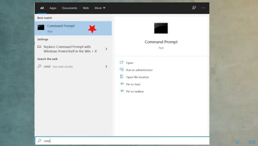 Windows search with cmd typed, Command Prompt as best match and Run as administrator in the right pane