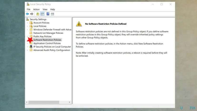 Local Security Policy with Software Restriction Policies selected and the message No Software Restriction Policies Defined in the right pane