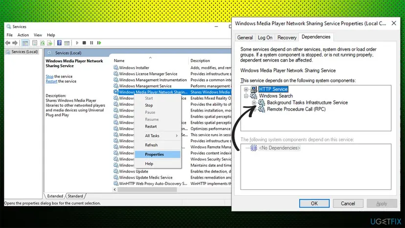 Services window on Windows 10 with the Properties of Windows Media Player Network Sharing Service open on the Dependencies tab, listing HTTP Service, Windows Search and Remote Procedure Call