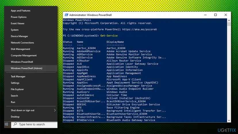 Administrator Windows PowerShell on Windows 10 showing the output of Get-Service with the Status, Name and DisplayName columns