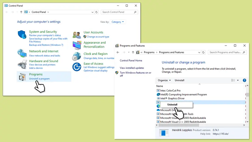 Windows 10 Control Panel with Programs, Uninstall a program, and the Programs and Features list with an entry right-clicked on Uninstall