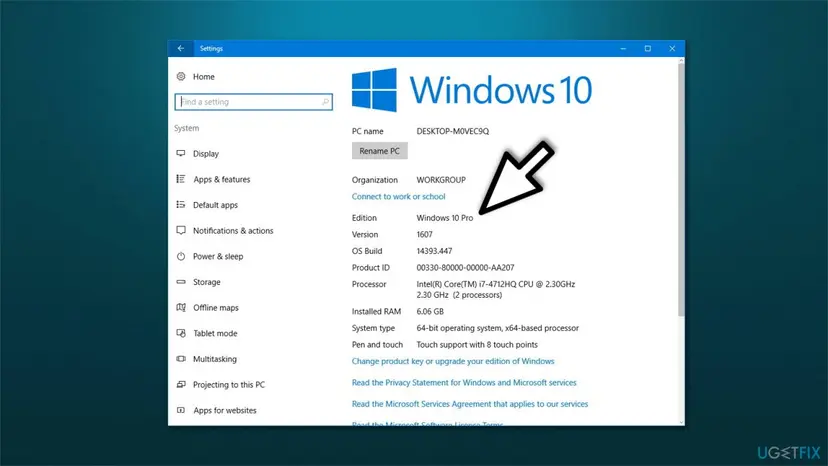 Windows 10 Settings, About page, with an arrow pointing at the Edition line that reads Windows 10 Pro above Version and OS Build