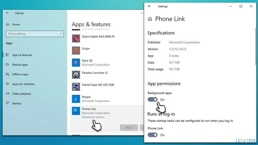 Windows 10 Settings, Apps and features with Phone Link Advanced options open and the Background apps toggle turned On