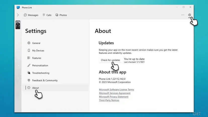 Phone Link Settings window on the About page with the Check for updates button and the installed version number