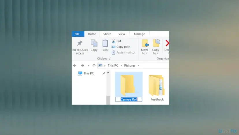 Windows 10 File Explorer open at This PC then Pictures with a new folder being renamed to Camera Roll next to a Feedback folder