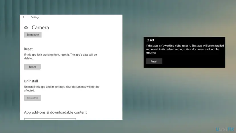 Windows 10 Settings page for the Camera app with Terminate, Reset and Uninstall buttons and the Reset confirmation box saying the app data will be deleted