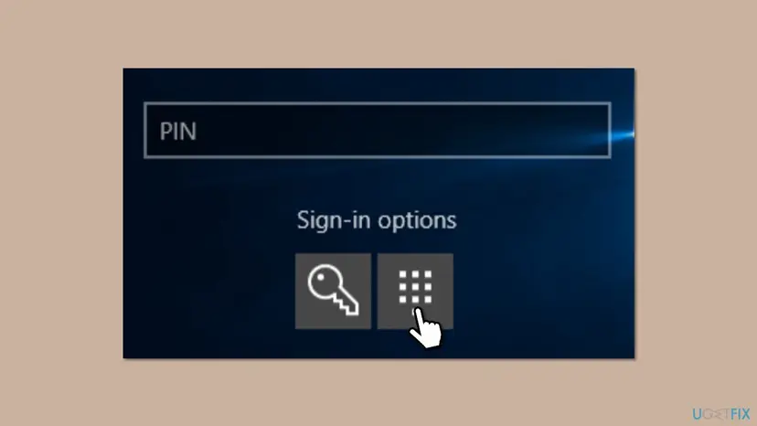 Windows sign-in screen with the PIN box and Sign-in options below it, showing the key icon for the password and the keypad icon for the PIN