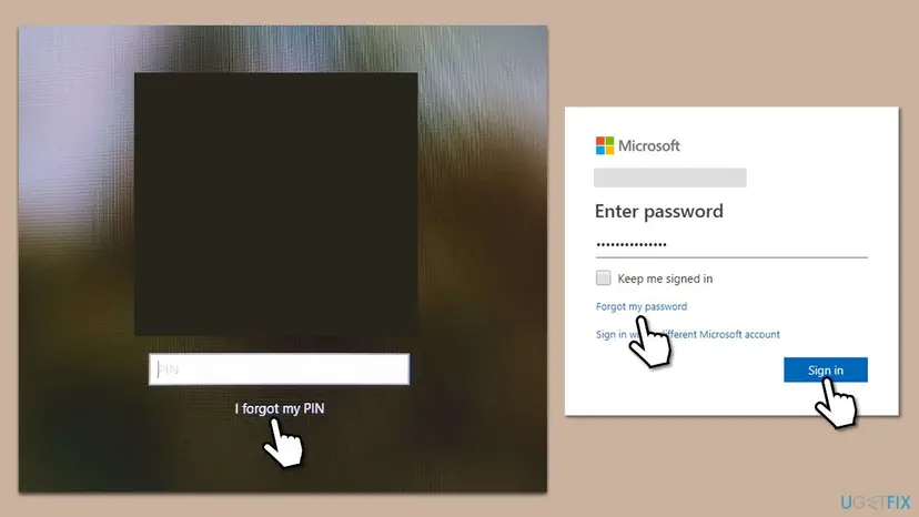Windows sign-in screen with the I forgot my PIN link next to the Microsoft Enter password window with the Forgot my password link