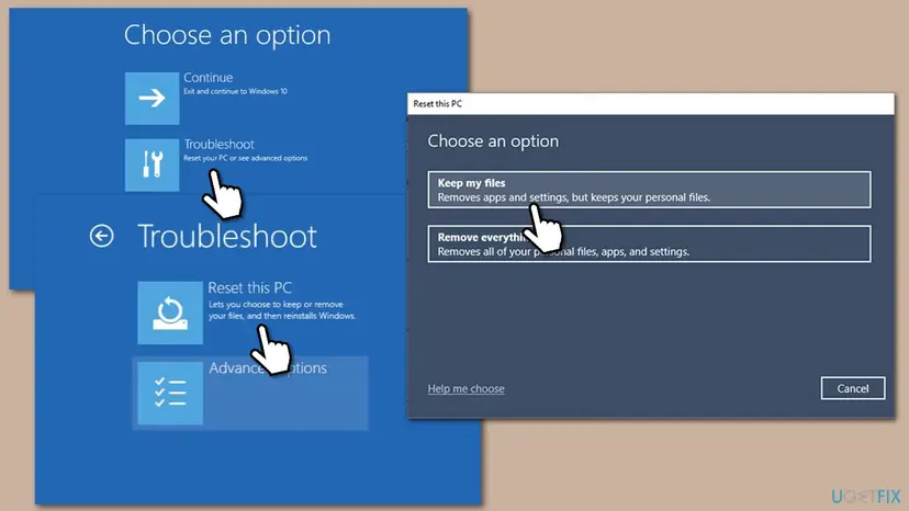 Windows recovery screens Choose an option, Troubleshoot with Reset this PC, and the Reset this PC window with Keep my files and Remove everything