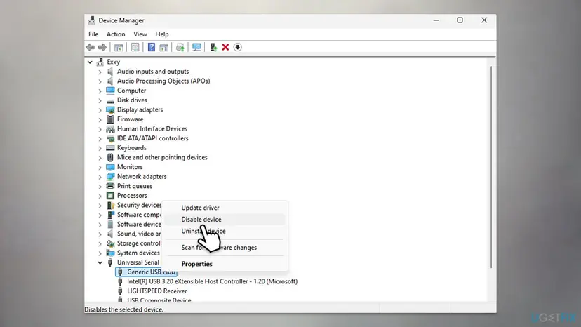 Device Manager on Windows 11 with Universal Serial Bus controllers expanded and the Disable device option open on Generic USB Hub