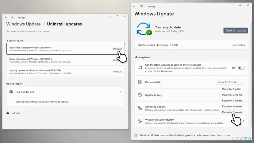 Windows 11 Settings showing the Uninstall updates list with Uninstall buttons, next to Windows Update with the Pause updates menu open