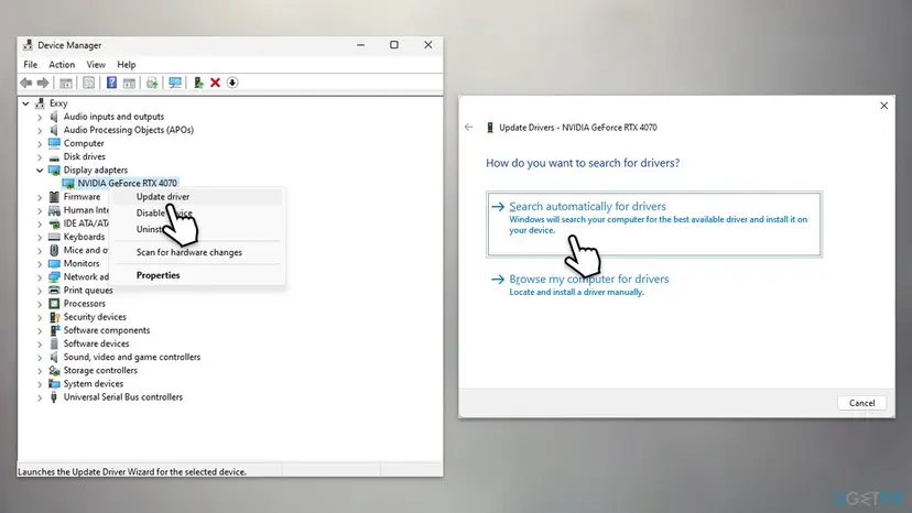 Device Manager on Windows 11 with Display adapters expanded, Update driver chosen for the graphics card and the Search automatically for drivers option