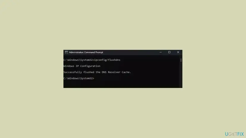 Administrator Command Prompt after ipconfig /flushdns with the line Successfully flushed the DNS Resolver Cache