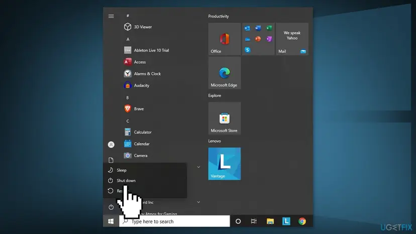 Windows Start menu with the power options open, showing Sleep, Shut down and Restart, used for a full shutdown to clear Code 38